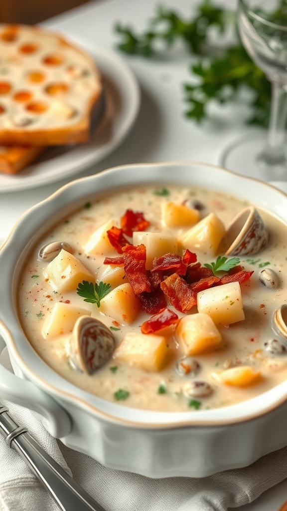 Aesthetic clam chowder served in a bowl, garnished with bacon and parsley, on a stylish table.
